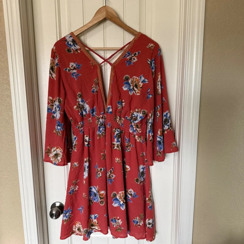 Anthropologie lost + Wander Floral Mini Dress Womens‎ L Rust Red Boho V-Neck